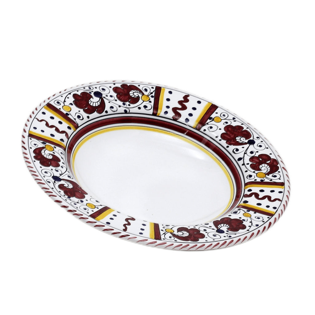 ORVIETO RED ROOSTER: Rim Pasta Soup Bowl (White Center) [STRIPED RIM] - Artistica.com