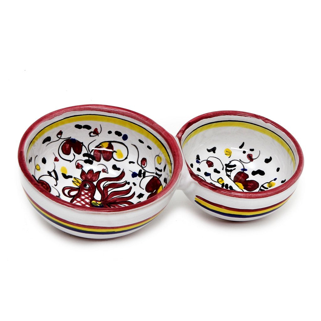 ORVIETO RED ROOSTER: Olive Dish Bowl - Relish and Condiments divided bowl [R] - Artistica.com