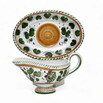 ORVIETO VERDE ROOSTER: Gravy Sauce Boat with Tray (Carbone Privato)