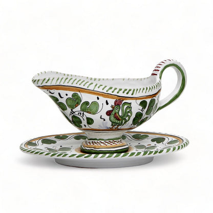 ORVIETO VERDE ROOSTER: Gravy Sauce Boat with Tray (Carbone Privato)