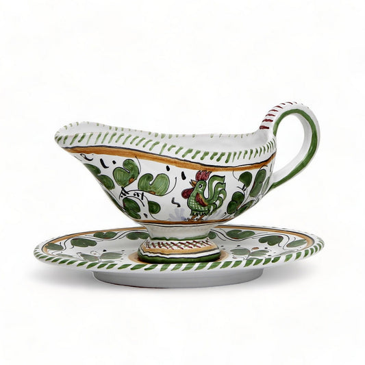 ORVIETO VERDE ROOSTER: Gravy Sauce Boat with Tray