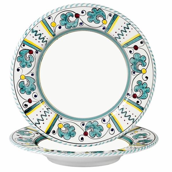 ORVIETO GREEN ROOSTER: Rim Pasta Soup Plate (White Center) - DERUTA OF ITALY