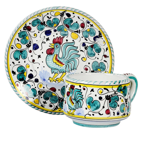 ORVIETO GREEN ROOSTER: Tea/Coffee Cup and Saucer - DERUTA OF ITALY