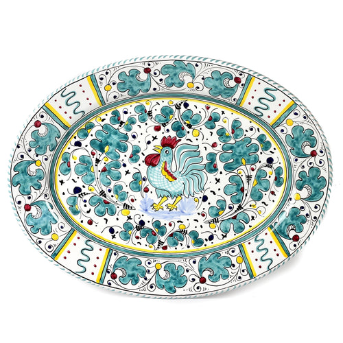 ORVIETO GREEN ROOSTER: Large Oval Platter - DERUTA OF ITALY