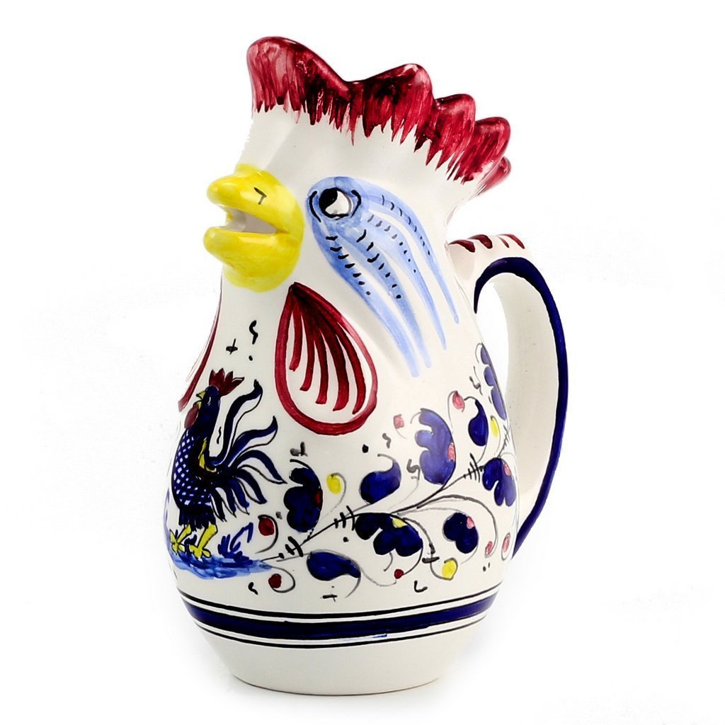 ORVIETO BLUE ROOSTER: Rooster of Fortune Pitcher (1 Liter 34 Oz 1 Qt) - DERUTA OF ITALY