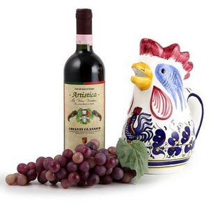 ORVIETO BLUE ROOSTER: Rooster of Fortune Pitcher (1 Liter 34 Oz 1 Qt) - DERUTA OF ITALY