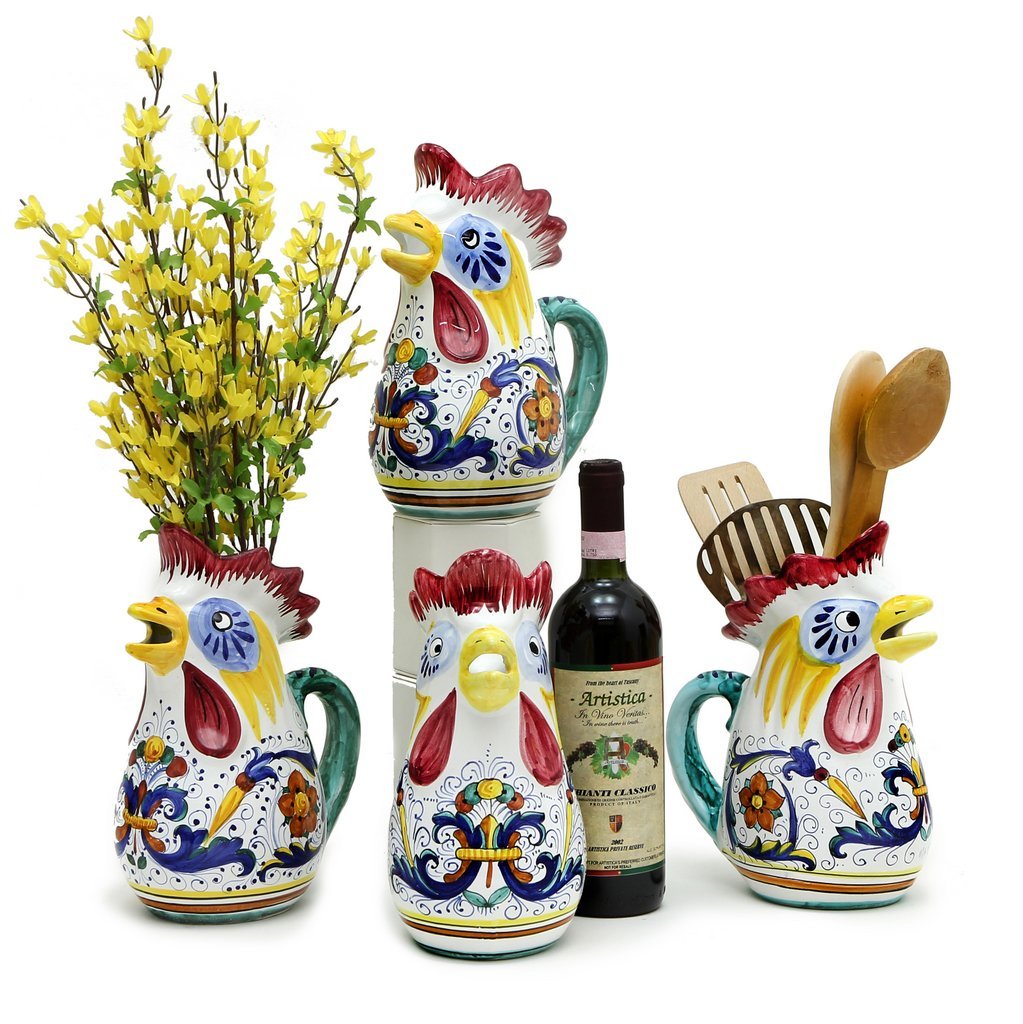 Deruta Hand-painted rooster store pitcher with 2 feet Cups made in Italy 8 1/2