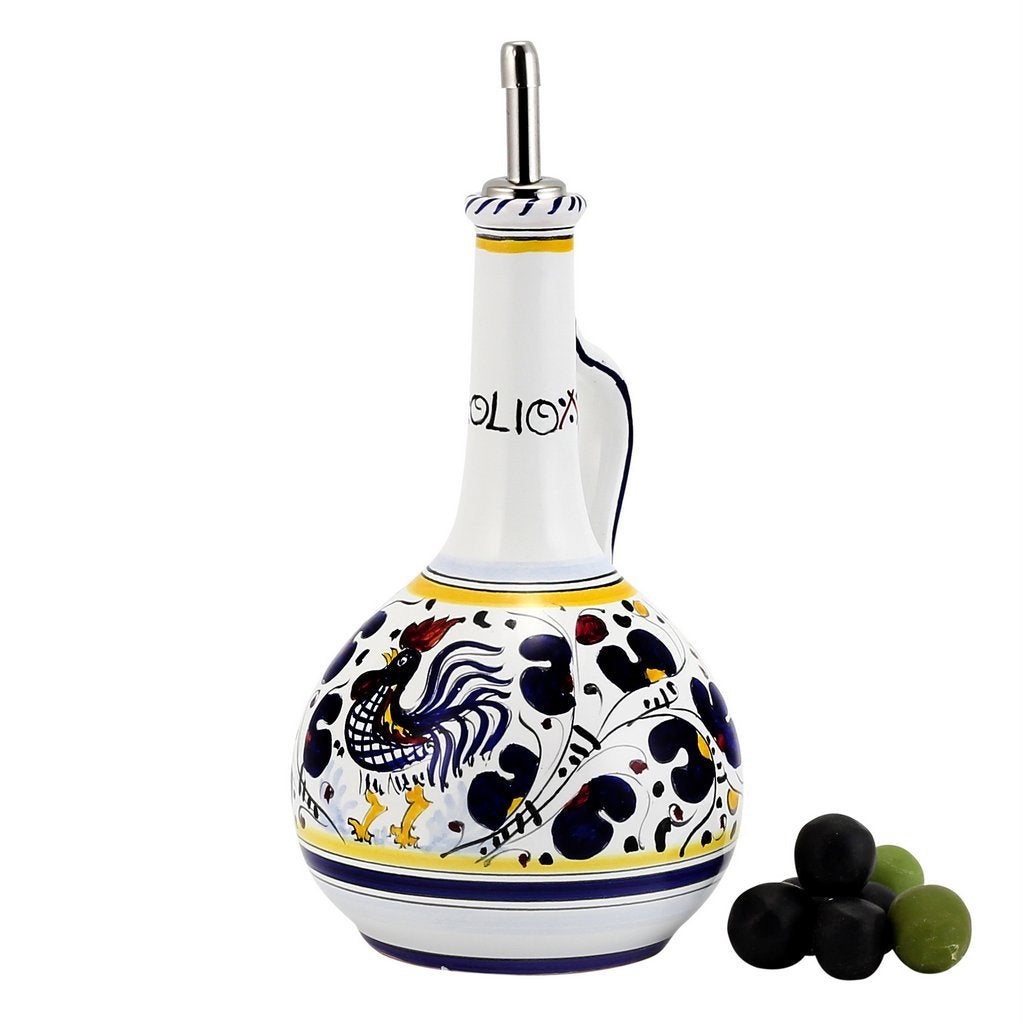 ORVIETO BLUE ROOSTER: Olive Oil Bottle Dispenser with Metal Capped Pourer - DERUTA OF ITALY