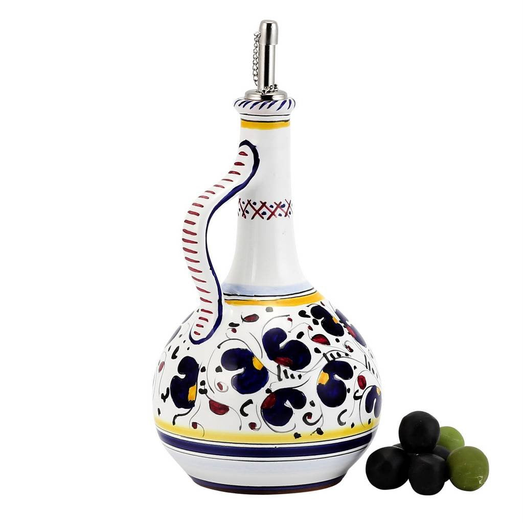 ORVIETO BLUE ROOSTER: Olive Oil Bottle Dispenser with Metal Capped Pourer - DERUTA OF ITALY