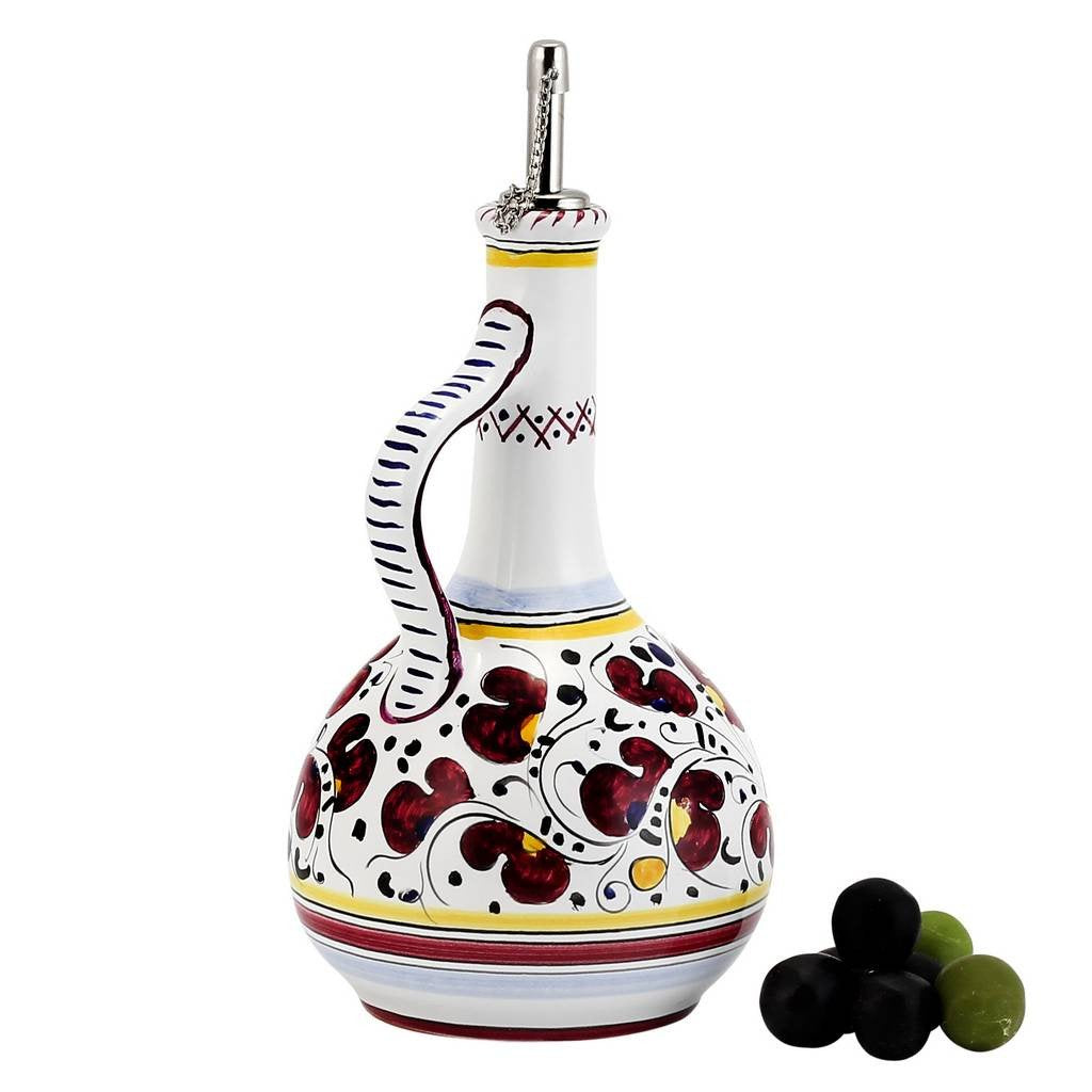 ORVIETO RED ROOSTER: Olive Oil Bottle Dispenser with Metal Capped Pourer - DERUTA OF ITALY