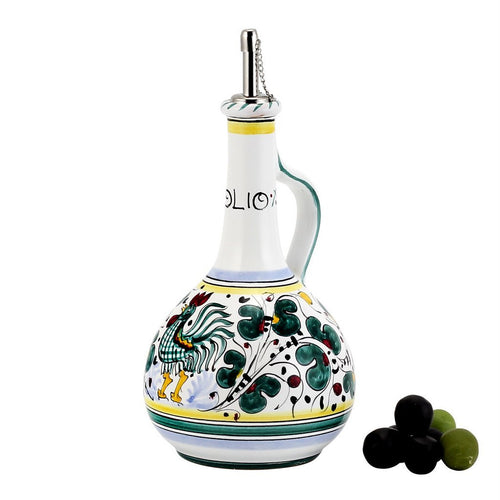 ORVIETO GREEN ROOSTER: Olive Oil Bottle Dispenser with Metal Capped Pourer - DERUTA OF ITALY