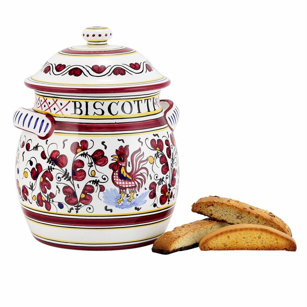 ORVIETO RED ROOSTER: Traditional Biscotti Jar - DERUTA OF ITALY