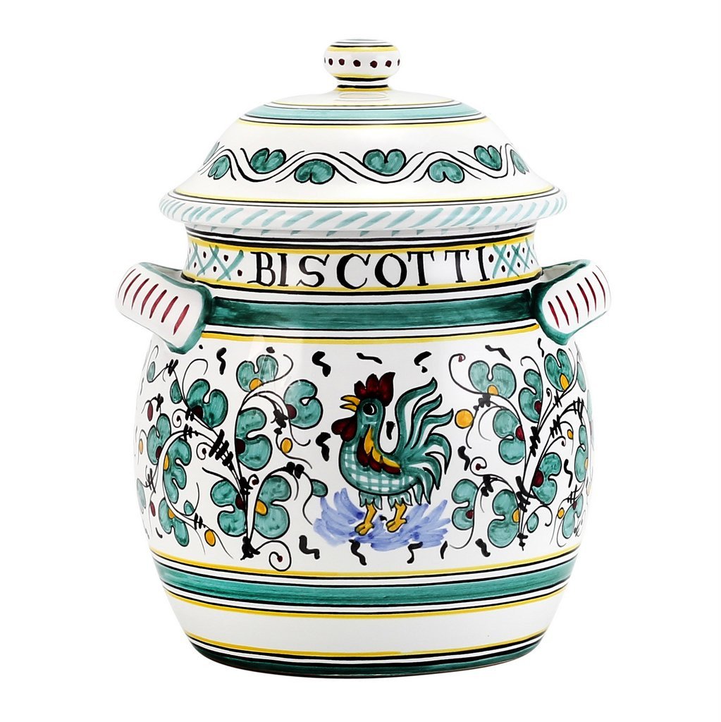 ORVIETO GREEN ROOSTER: Traditional Biscotti Jar - DERUTA OF ITALY