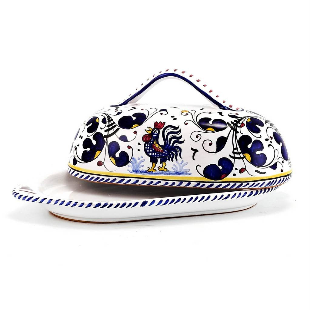 ORVIETO BLUE ROOSTER: Butter Dish with Cover - DERUTA OF ITALY