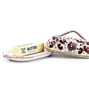ORVIETO RED ROOSTER: Butter Dish with Cover - DERUTA OF ITALY