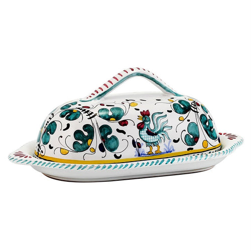 ORVIETO GREEN ROOSTER: Butter Dish w cover - DERUTA OF ITALY