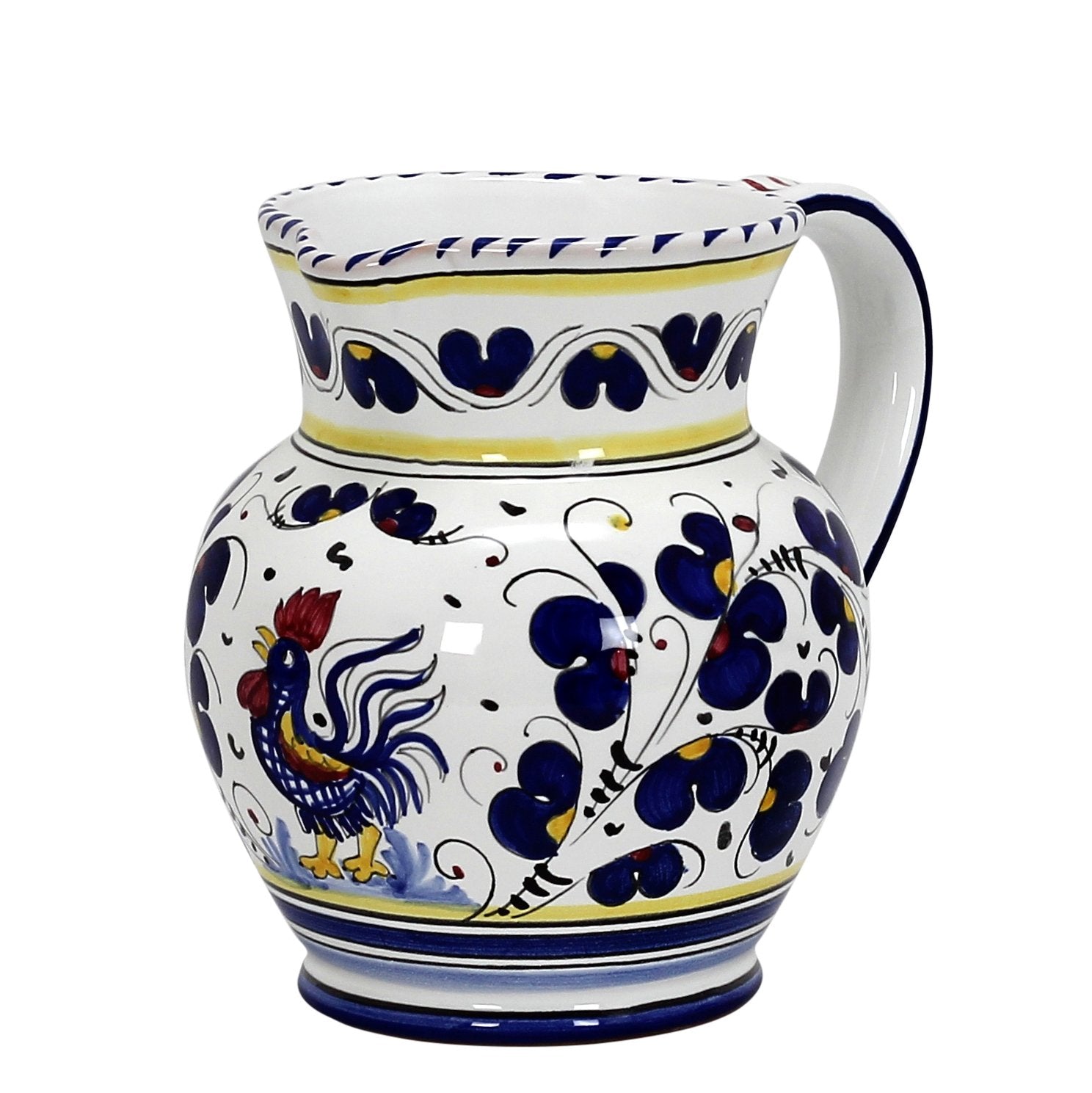 ORVIETO BLU ROOSTER: Traditional Deruta Pitcher (1.25 Liters/40 Oz/5 Cups) - DERUTA OF ITALY