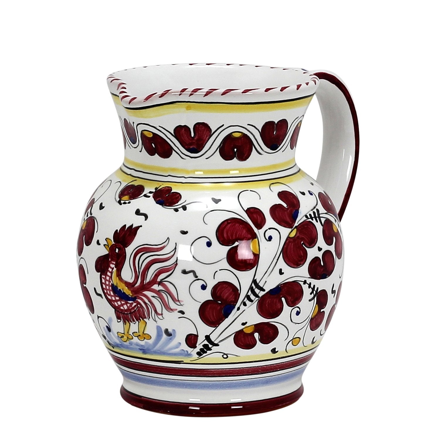 ORVIETO RED ROOSTER: Traditional Deruta Pitcher (1.25 Liters/40 Oz/5 Cups) - DERUTA OF ITALY