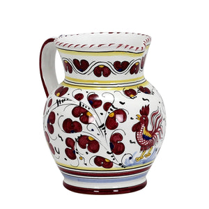ORVIETO RED ROOSTER: Traditional Deruta Pitcher (1.25 Liters/40 Oz/5 Cups) - DERUTA OF ITALY