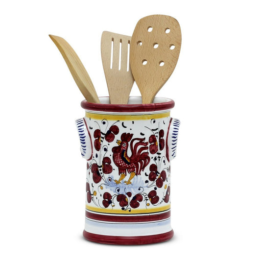 ORVIETO RED ROOSTER: Utensil Holder - DERUTA OF ITALY