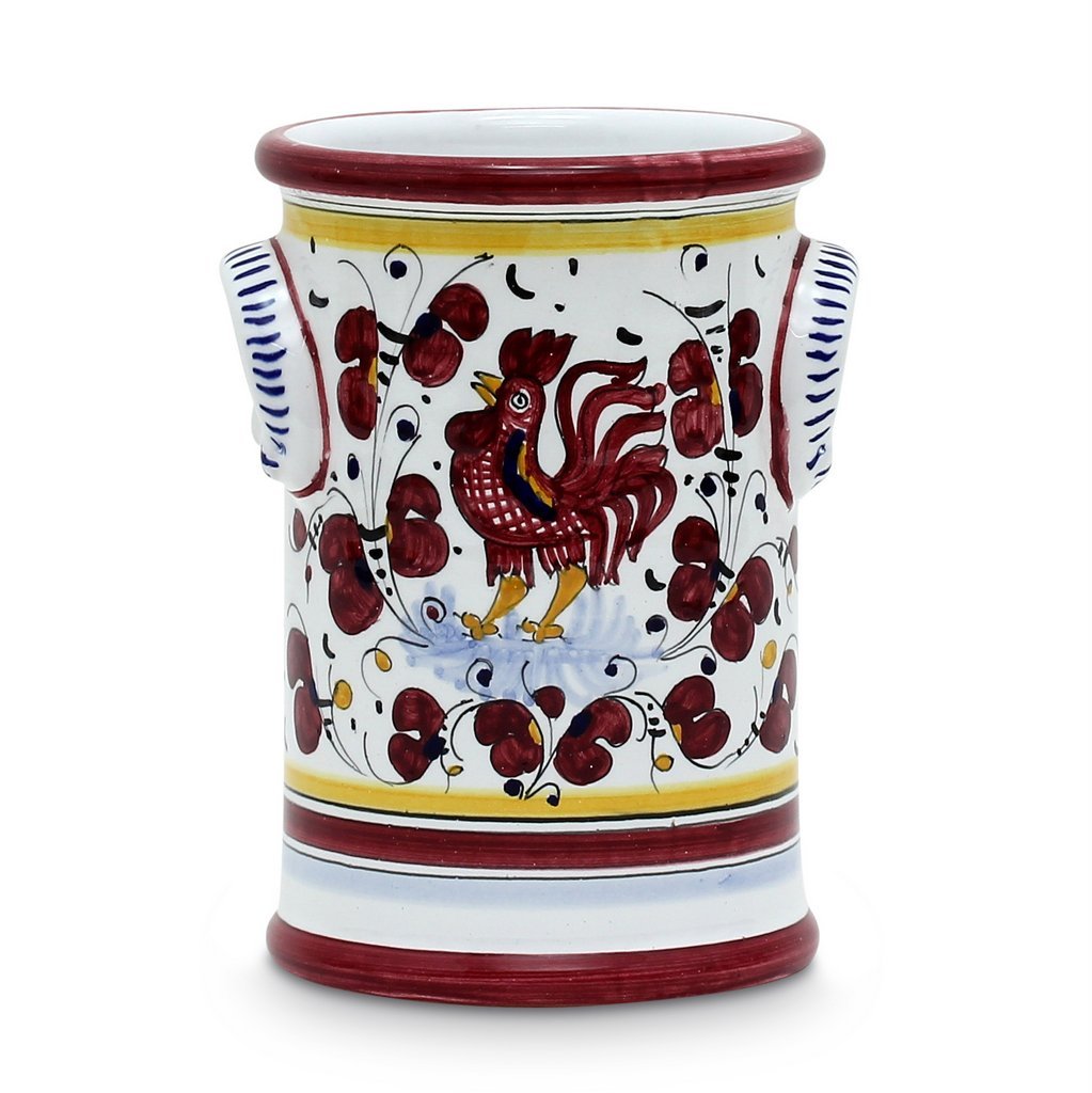 ORVIETO RED ROOSTER: Utensil Holder - DERUTA OF ITALY