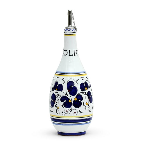 ORVIETO BLUE ROOSTER: Olive Oil Bottle Dispenser with Metal Capped Pourer - DERUTA OF ITALY