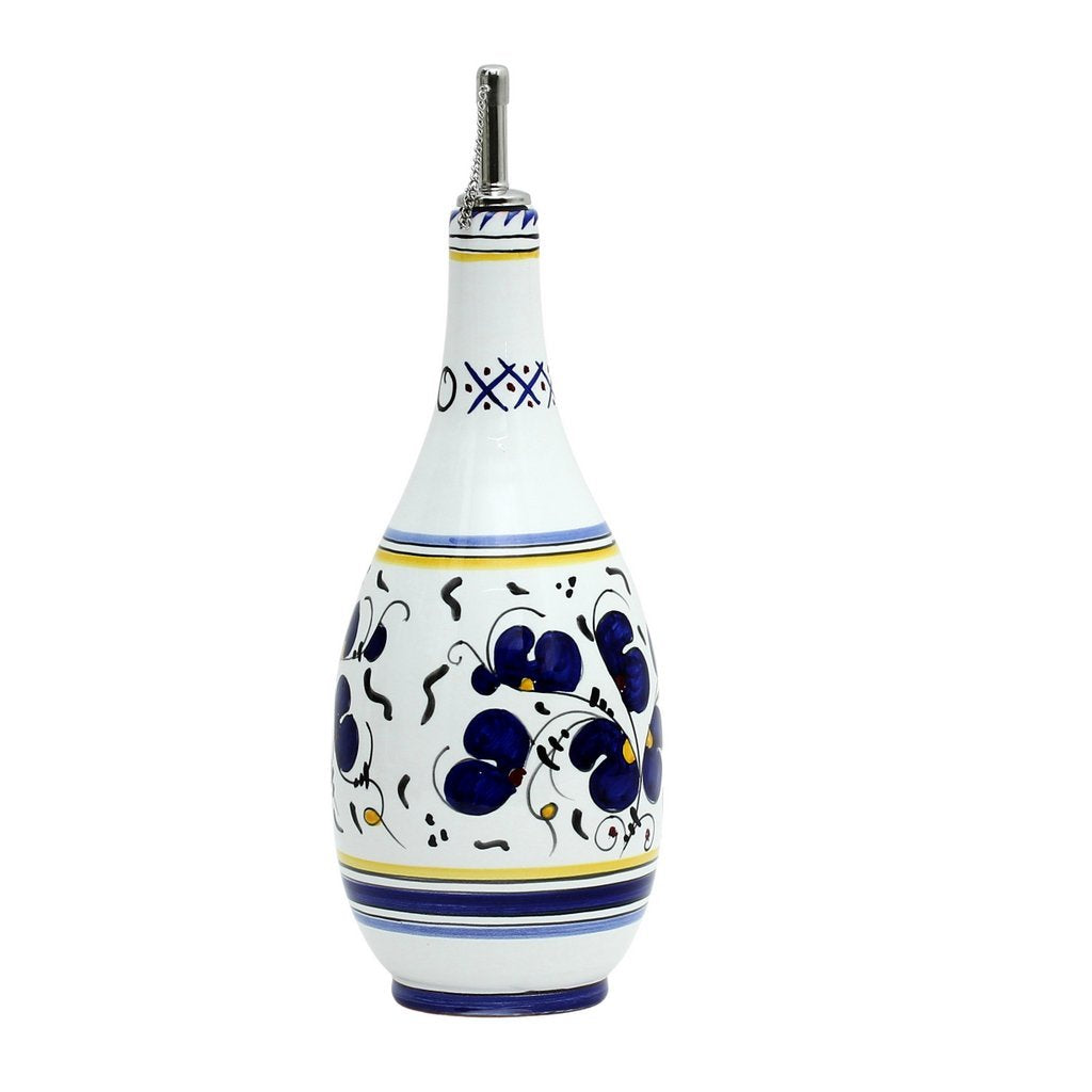 ORVIETO BLUE ROOSTER: Olive Oil Bottle Dispenser with Metal Capped Pourer - DERUTA OF ITALY