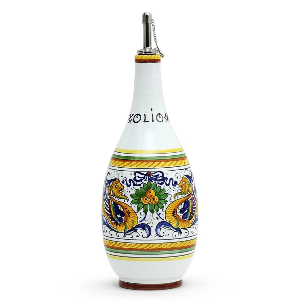 RAFFAELLESCO: Olive Oil Bottle Dispenser with Metal Capped Pourer - DERUTA OF ITALY