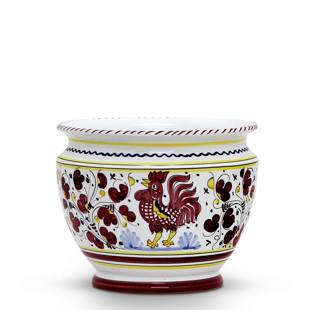 ORVIETO RED ROOSTER: Luxury Cachepot Planter Small - DERUTA OF ITALY