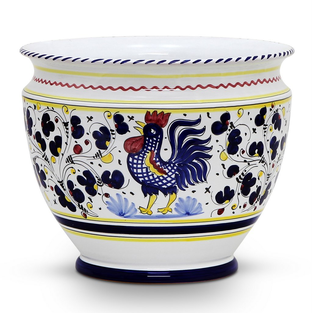 ORVIETO BLUE ROOSTER: Luxury Cachepot Planter Large - DERUTA OF ITALY