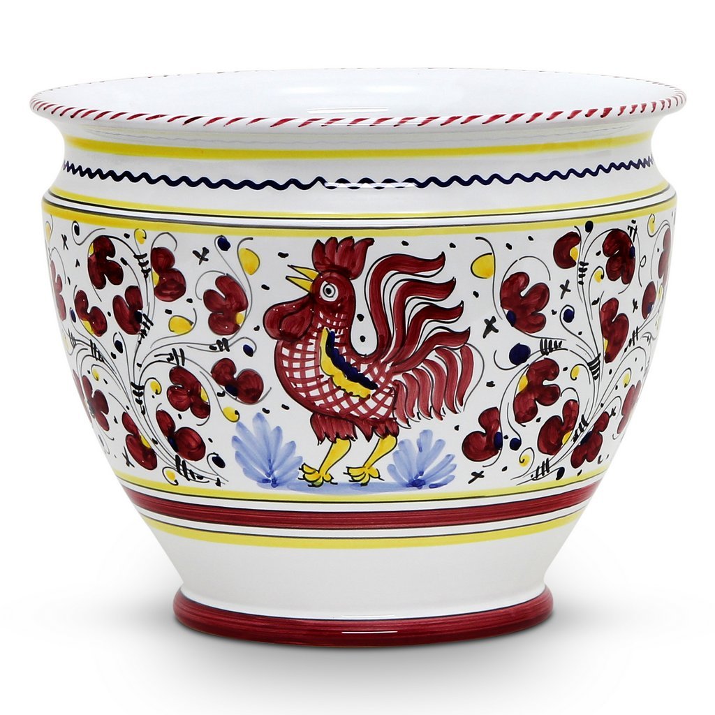 ORVIETO RED ROOSTER: Luxury Cachepot Planter Large - DERUTA OF ITALY