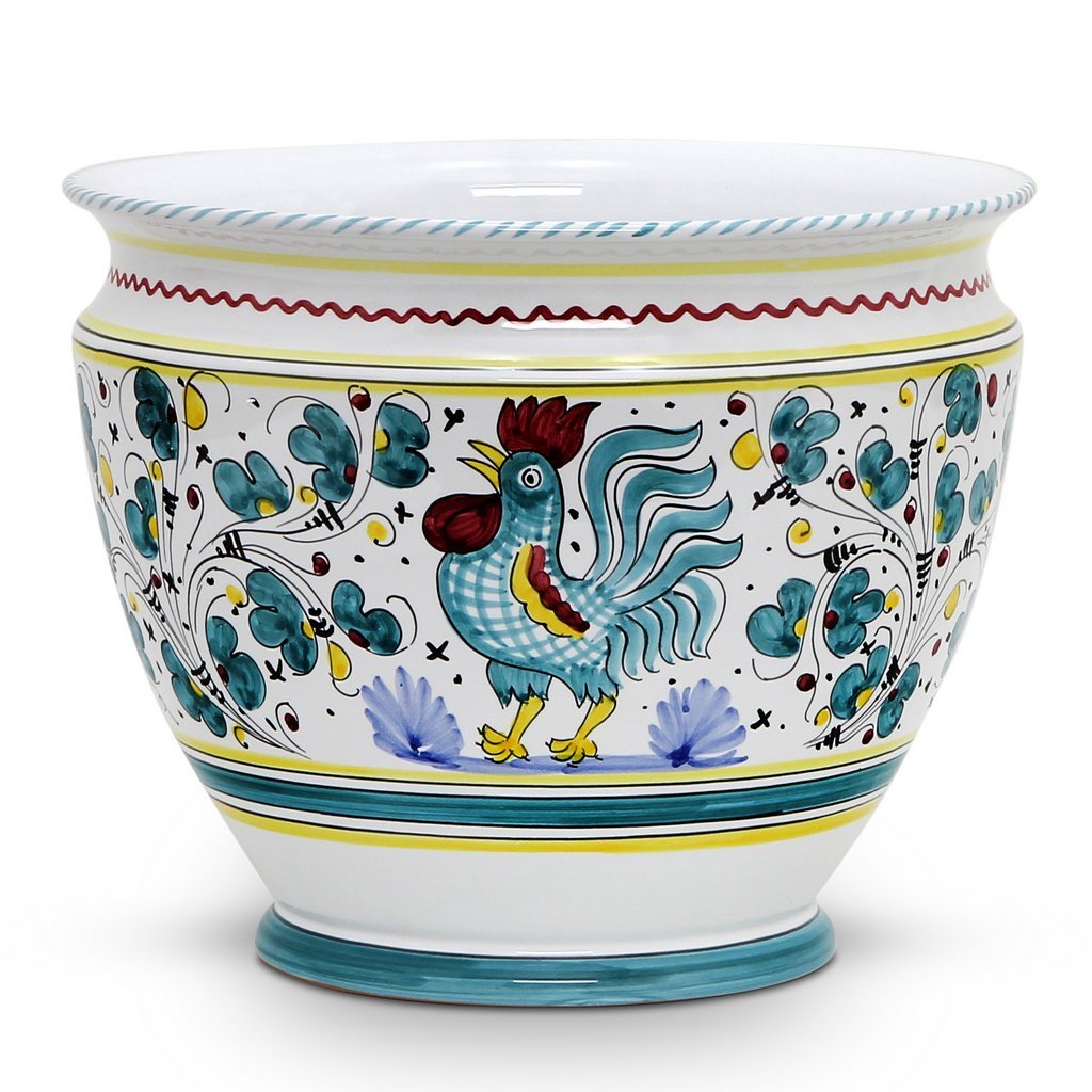 ORVIETO GREEN ROOSTER: Luxury Cachepot Planter Large - DERUTA OF ITALY