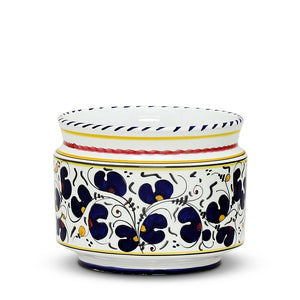 ORVIETO BLUE ROOSTER: Cylindrical Cover Pot - Cachepot Planter (Small) - DERUTA OF ITALY