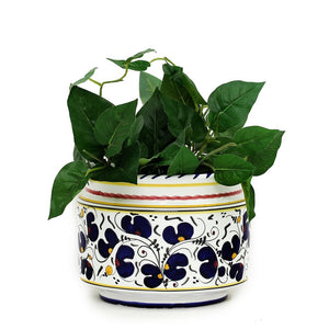 ORVIETO BLUE ROOSTER: Cylindrical Cover Pot - Cachepot Planter (Small) - DERUTA OF ITALY