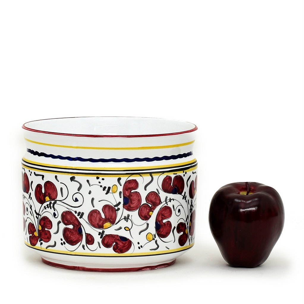 ORVIETO RED ROOSTER: Cylindrical Cover Pot - Cachepot Planter (Small) - DERUTA OF ITALY