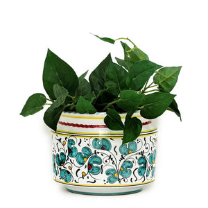 ORVIETO GREEN ROOSTER: Cylindrical Cover Pot - Cachepot Planter (Small) - DERUTA OF ITALY