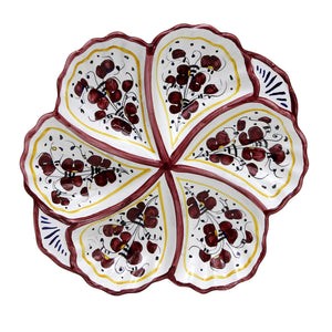 ORVIETO RED ROOSTER: Snack Tray Fiore/Shell - Six Compartments - DERUTA OF ITALY