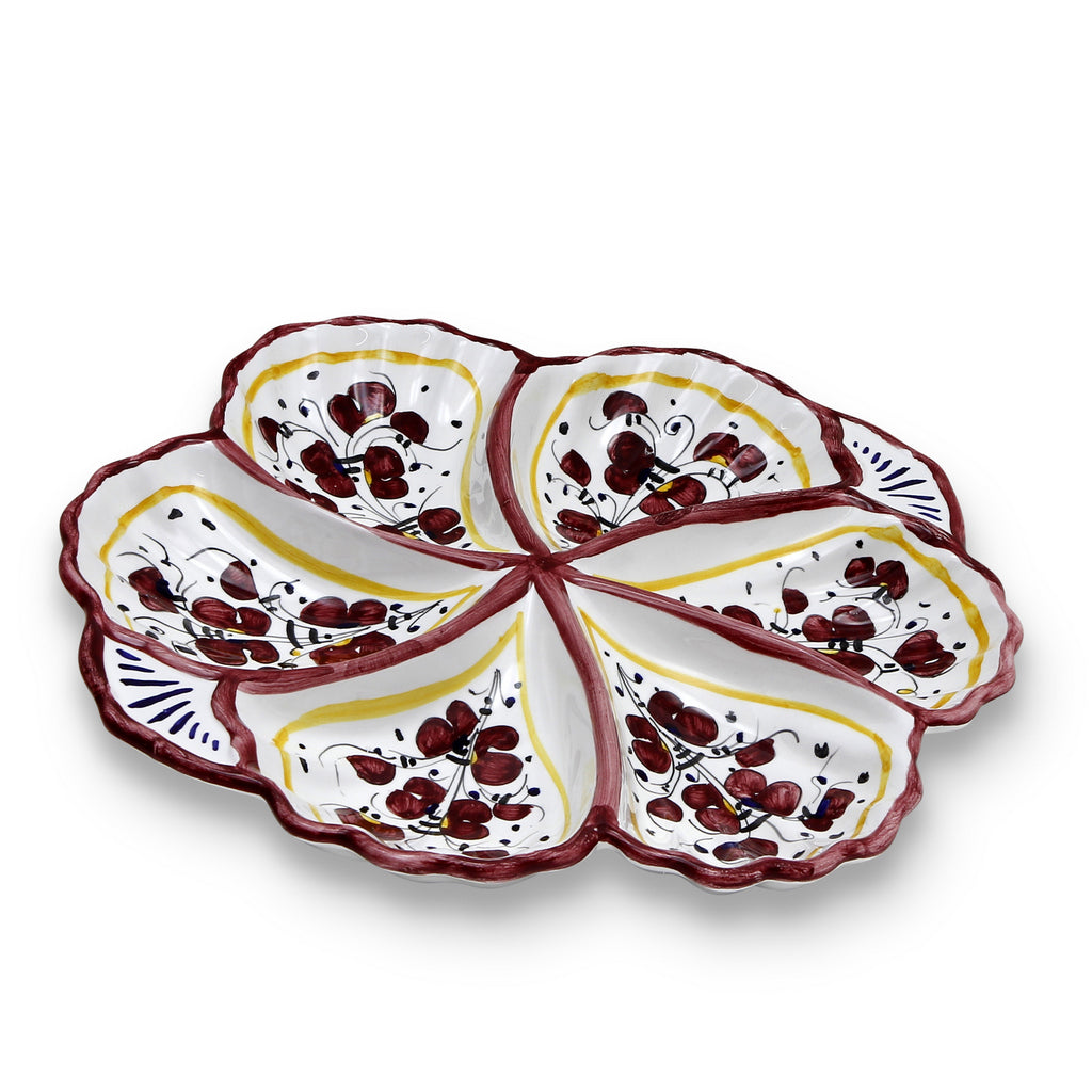 ORVIETO RED ROOSTER: Snack Tray Fiore/Shell - Six Compartments - DERUTA OF ITALY