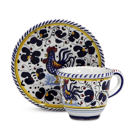 ORVIETO BLUE ROOSTER: Espresso cup and Saucer - DERUTA OF ITALY
