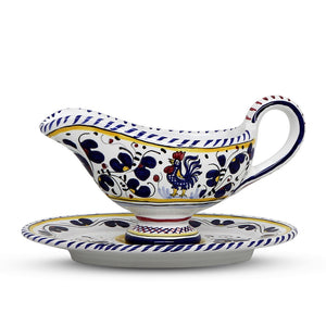 ORVIETO BLUE ROOSTER: Gravy Sauce Boat with Tray [R] - DERUTA OF ITALY