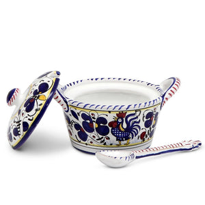 ORVIETO BLUE ROOSTER: Covered Parmesan Cheese Bowl with Spoon - DERUTA OF ITALY