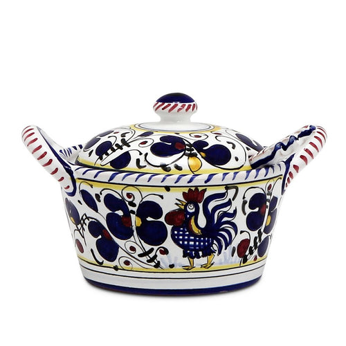 ORVIETO BLUE ROOSTER: Covered Parmesan Cheese Bowl with Spoon - DERUTA OF ITALY