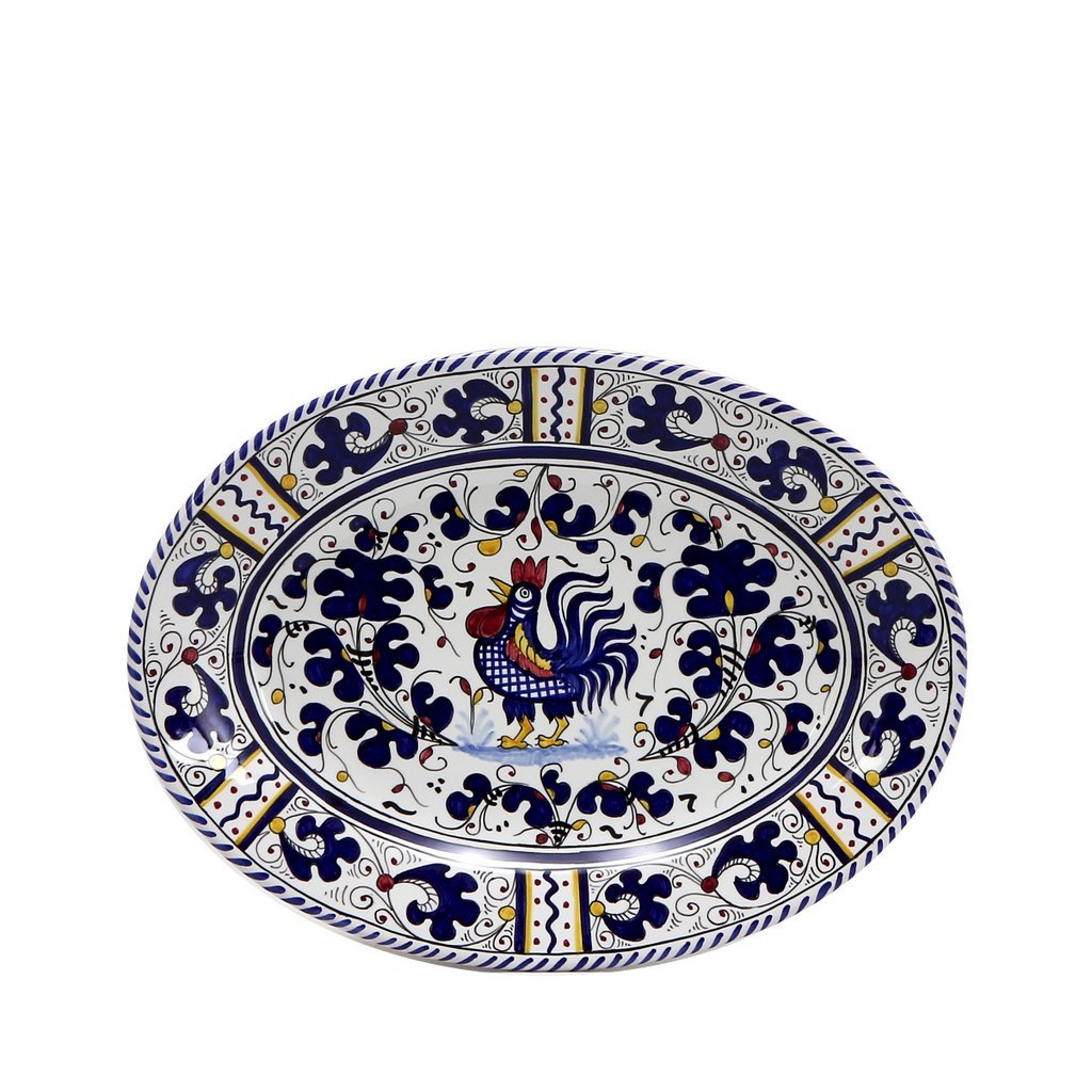 ORVIETO BLUE ROOSTER: Oval Plate [CARBONE SPECIAL] - DERUTA OF ITALY