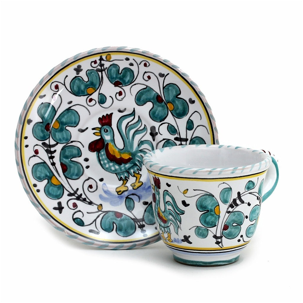 ORVIETO GREEN ROOSTER: Espresso cup and Saucer - DERUTA OF ITALY