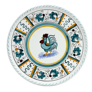 ORVIETO GREEN ROOSTER: Deruta Pizza Plate - Cake or Cheese Platter. - DERUTA OF ITALY