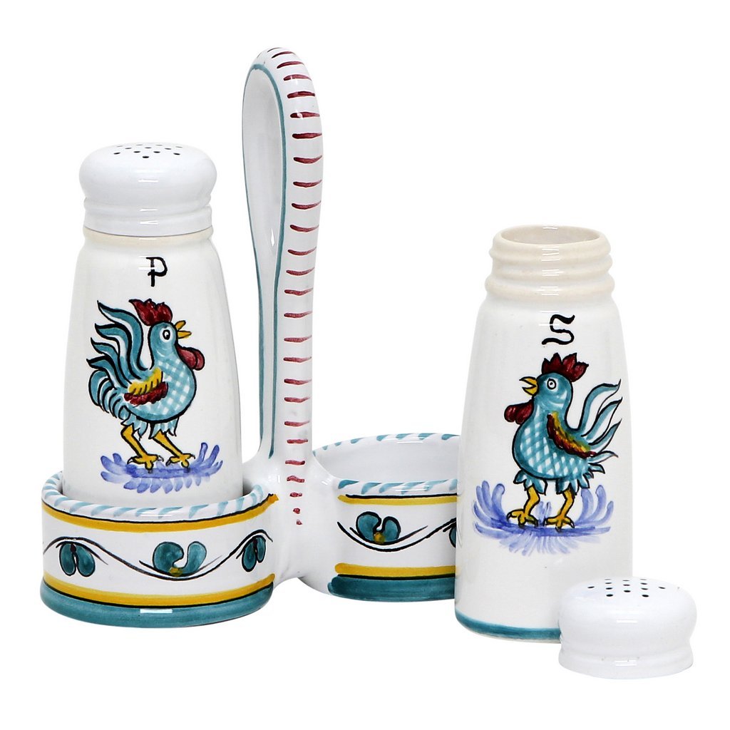 ORVIETO GREEN ROOSTER: Salt and Pepper Cruet - DERUTA OF ITALY