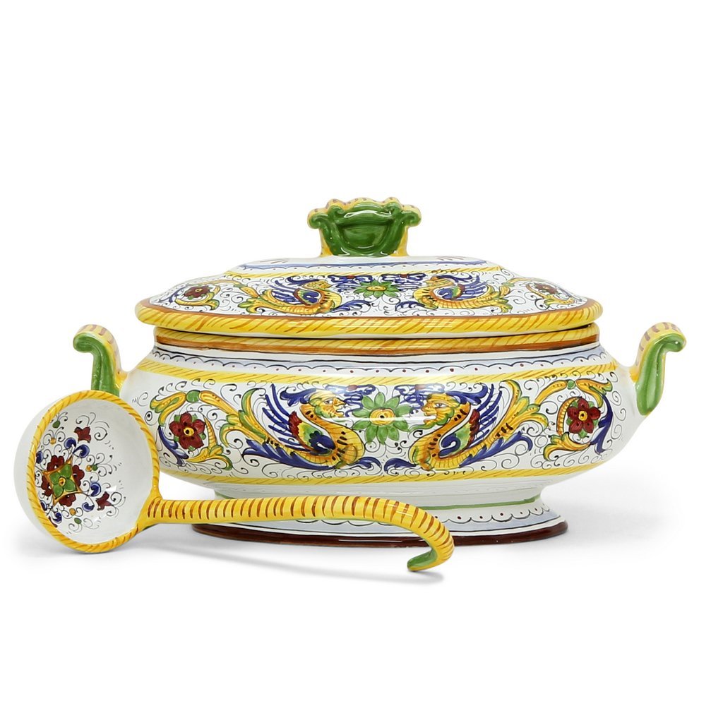 RAFFAELLESCO DELUXE: Oval Soup Tureen with ceramic Ladle - DERUTA OF ITALY