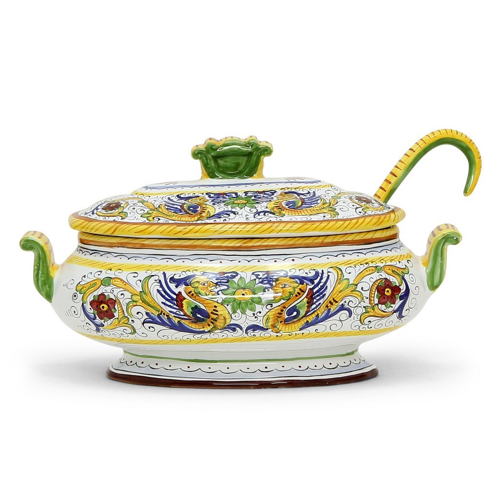 RAFFAELLESCO DELUXE: Oval Soup Tureen with ceramic Ladle - DERUTA OF ITALY