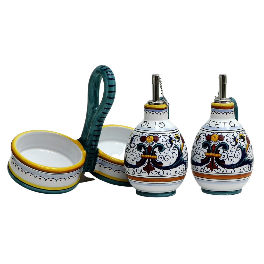 RICCO DERUTA DELUXE: Oil and Vinegar cruets set with caddy (NEW) - DERUTA OF ITALY