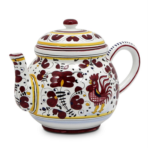ORVIETO RED ROOSTER: Teapot [R] - DERUTA OF ITALY